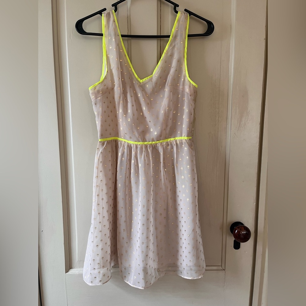 INA Cream Taupe Gold Summer Dress with Neon Yellow Trim Size Small